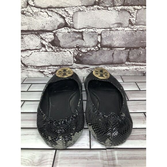 Tory Burch Reva Gold Logo Black Leather Snake Skin Ballet Flats Women Sz 7.5M US - Picture 4 of 16
